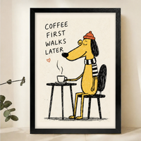 Coffee First Walks Later Dog Wall Art – Funny Illustrated Quote Canvas Print on Natural Wood Frame