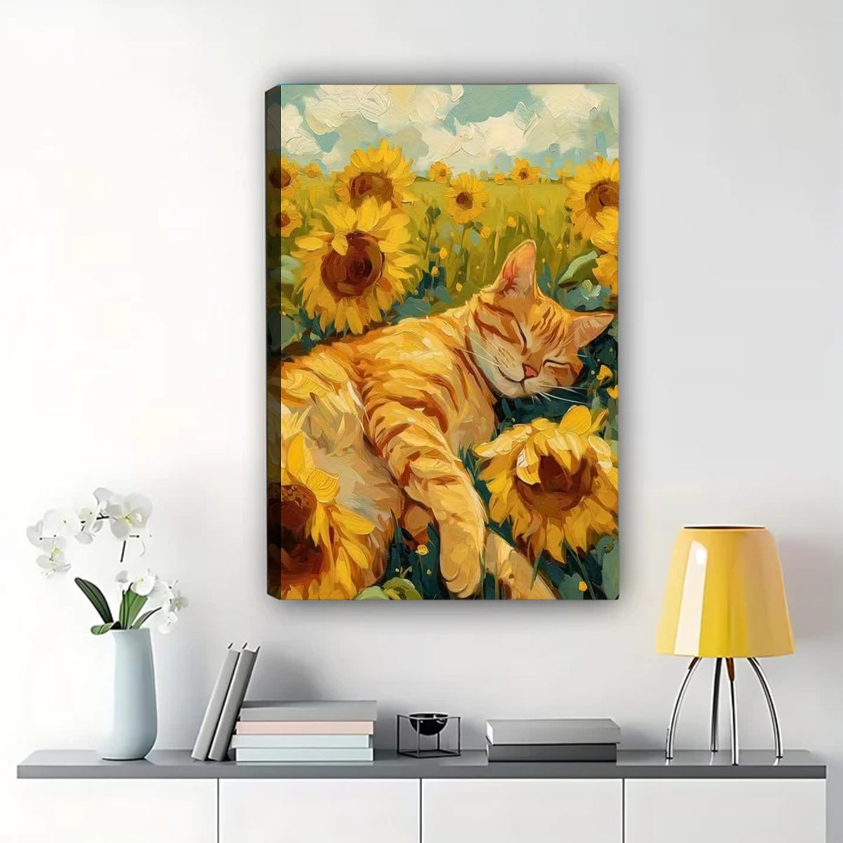 Orange Cat in Sunflower Field Canvas Art - Impressionist Style Print