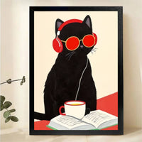 Cool Cat Reading with Coffee Art Print - Framed Wall Decor Canvas Wall Art