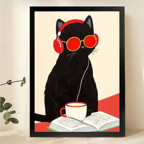 Cool Cat Reading with Coffee Art Print - Framed Wall Decor Canvas Wall Art
