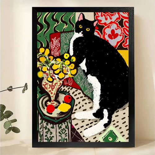 Tuxedo Cat with Flowers in Matisse Style Wall Art - Fauvist Canvas Print