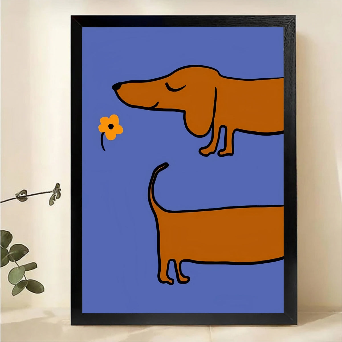 Dachshund Smelling Flower Wall Art - Minimalist Blue Dog Canvas Print