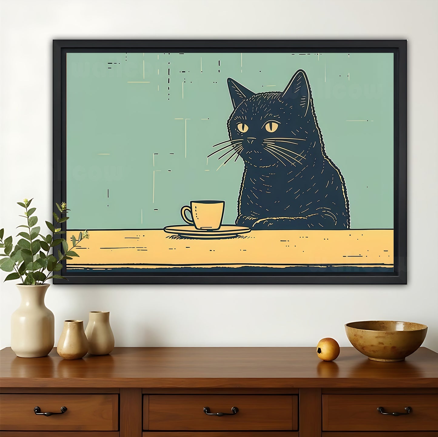 The Coffee-Sipping Minimalist Black Cat – Cozy Casual Wall Art on Natural Wood Canvas
