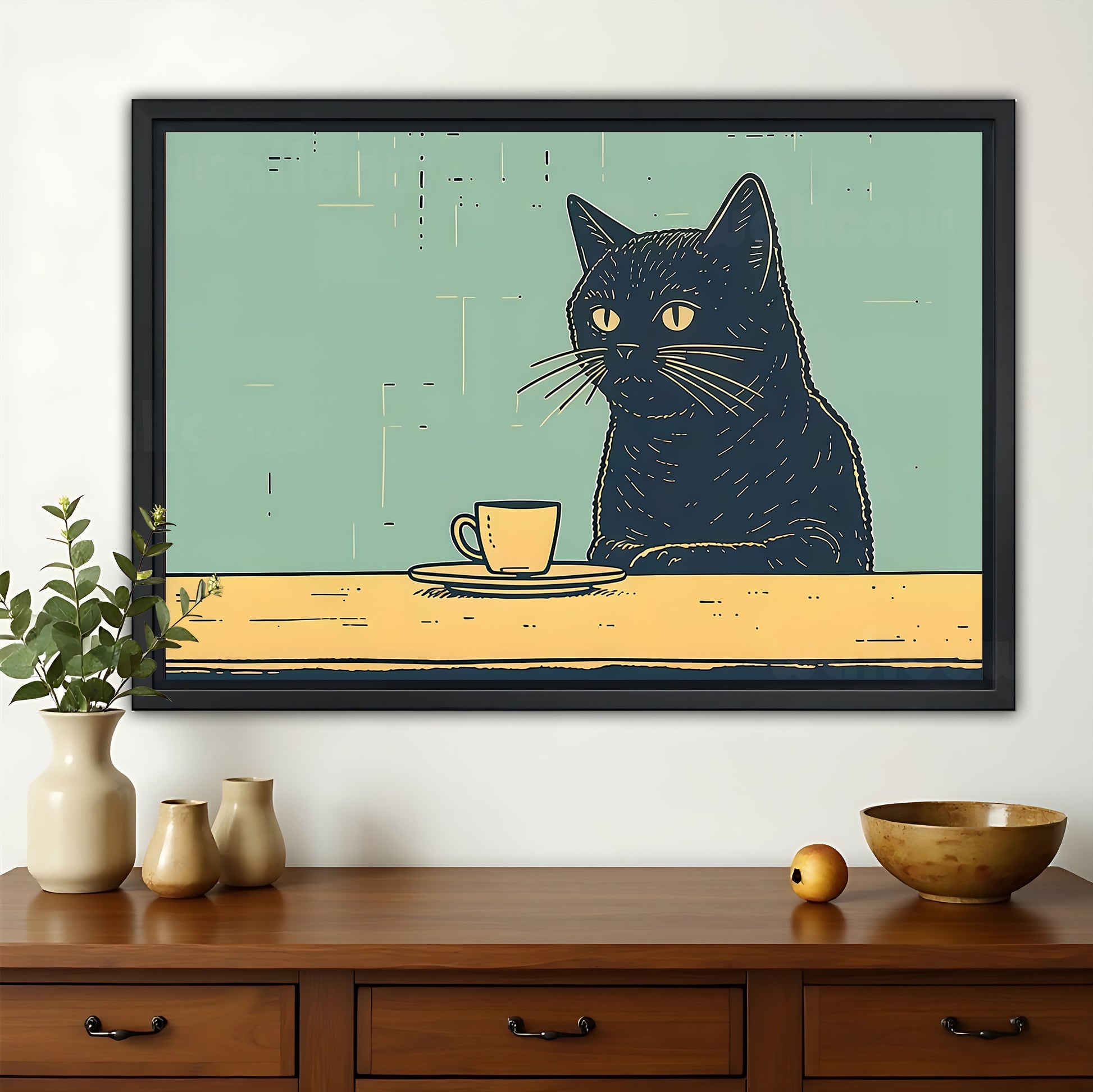 The Coffee-Sipping Minimalist Black Cat – Cozy Casual Wall Art on Natural Wood Canvas
