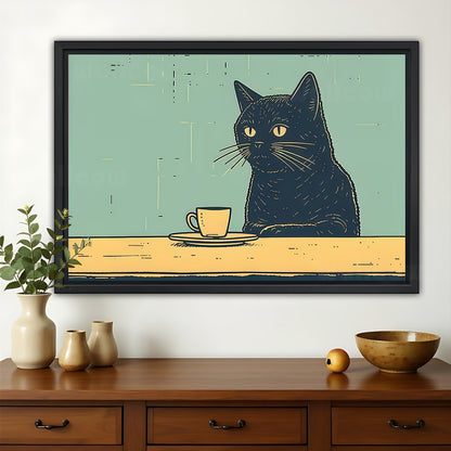 The Coffee-Sipping Minimalist Black Cat – Cozy Casual Wall Art on Natural Wood Canvas