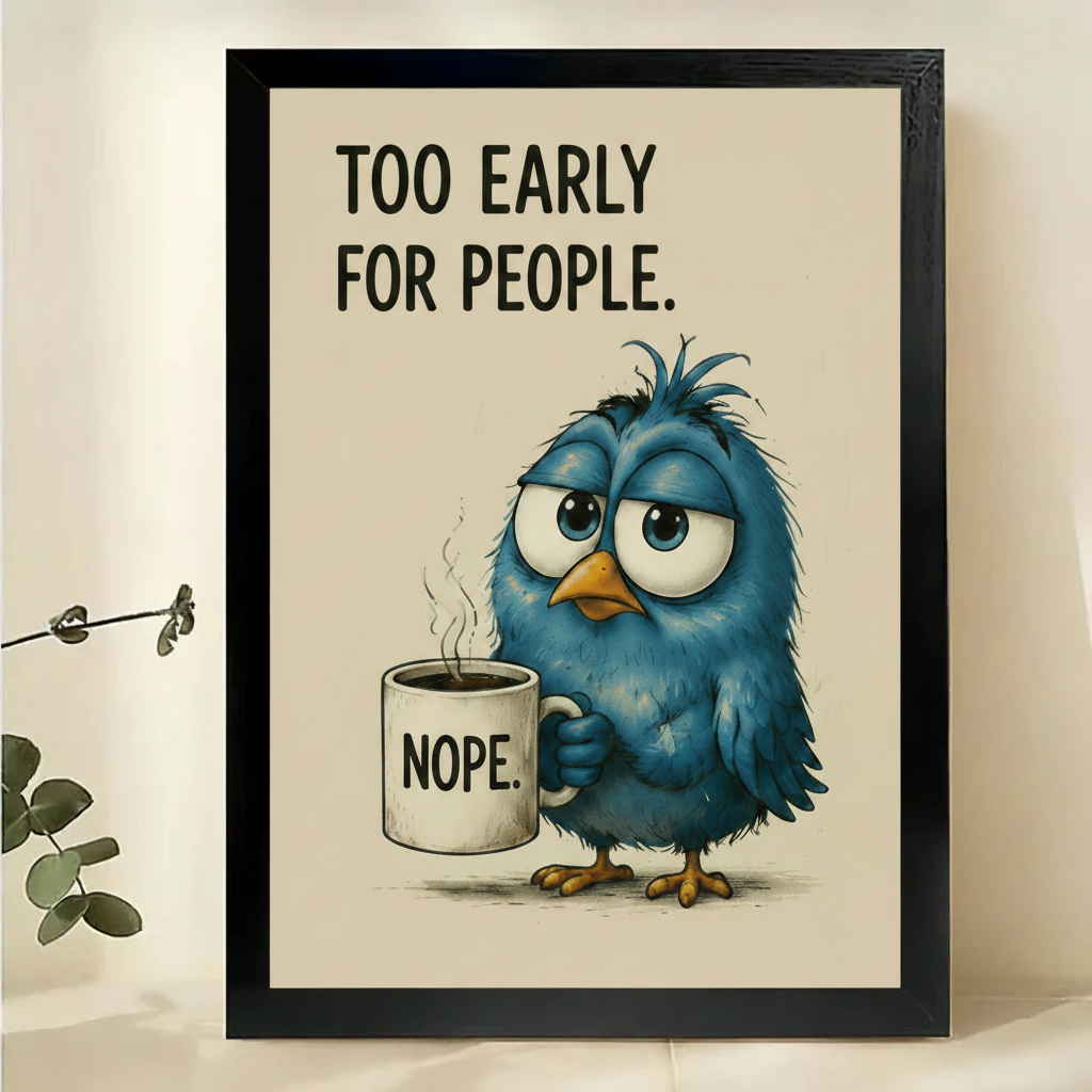 Too Early For People Blue Bird Wall Art – Funny Morning Bird Canvas Print on Natural Wood Frame