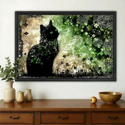 Black Cat in Clover Garden Wall Art – Enchanted Botanical Fantasy Canvas Print on Natural Wood Frame
