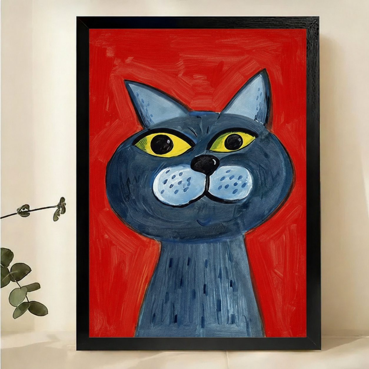 Blue Cat on Red Wall Art – Bold Neo-Expressionist Canvas Print on Natural Wood Frame