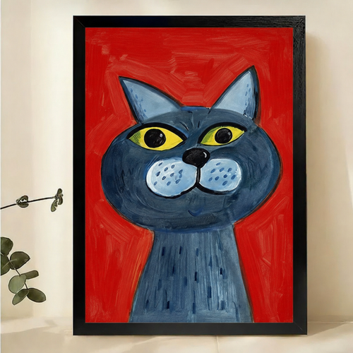 Blue Cat on Red Wall Art – Bold Neo-Expressionist Canvas Print on Natural Wood Frame