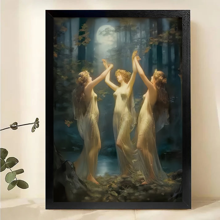 Three Graces Moonlight Forest Art - Classical Nymphs Print Canvas Wall Art