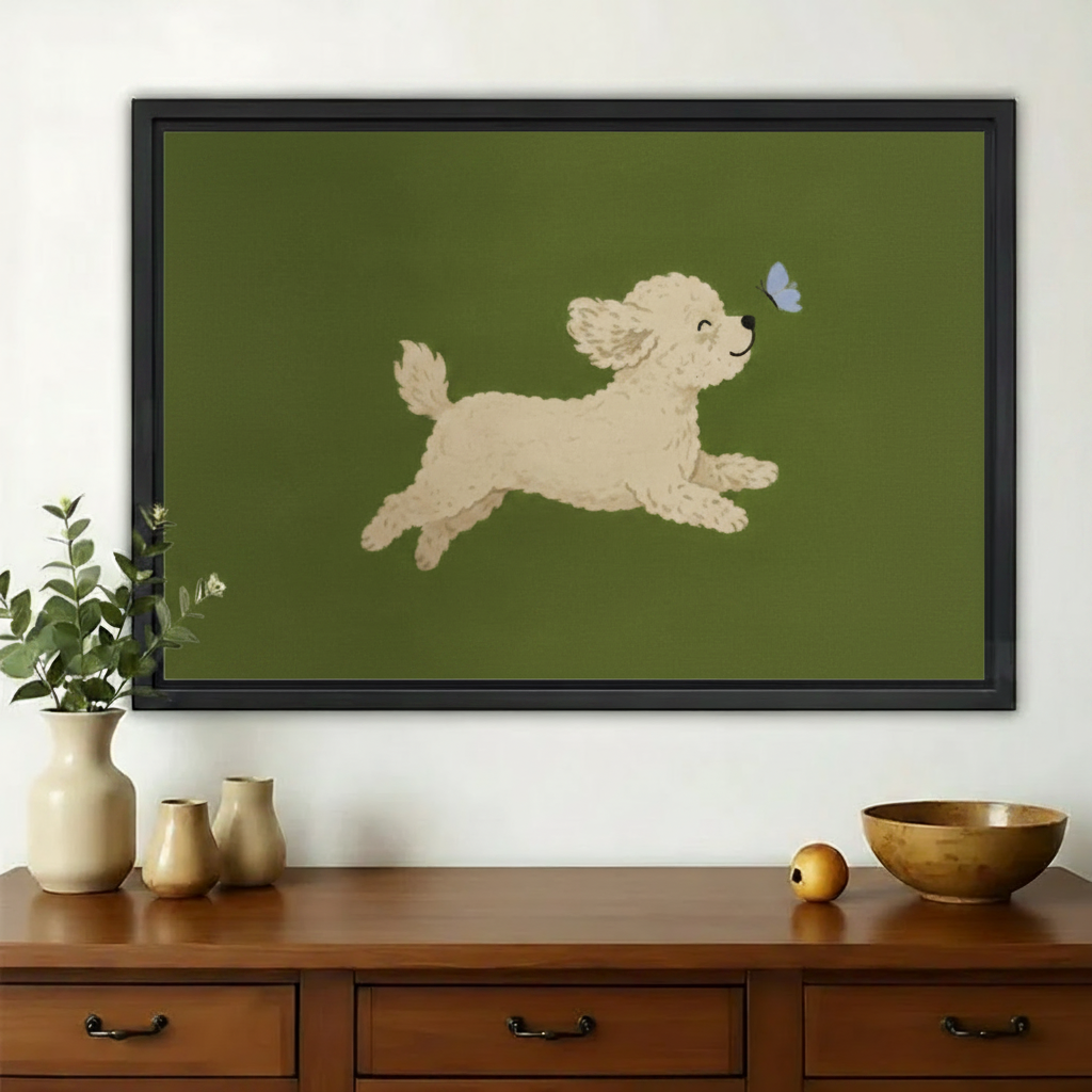 Fluffy Puppy Chasing Butterfly Wall Art – Joyful Minimalist Dog Canvas Print on Natural Wood Frame