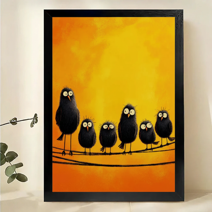 Fluffy Black Birds on a Wire Wall Art – Quirky Illustrated Animal Canvas Print on Natural Wood Frame