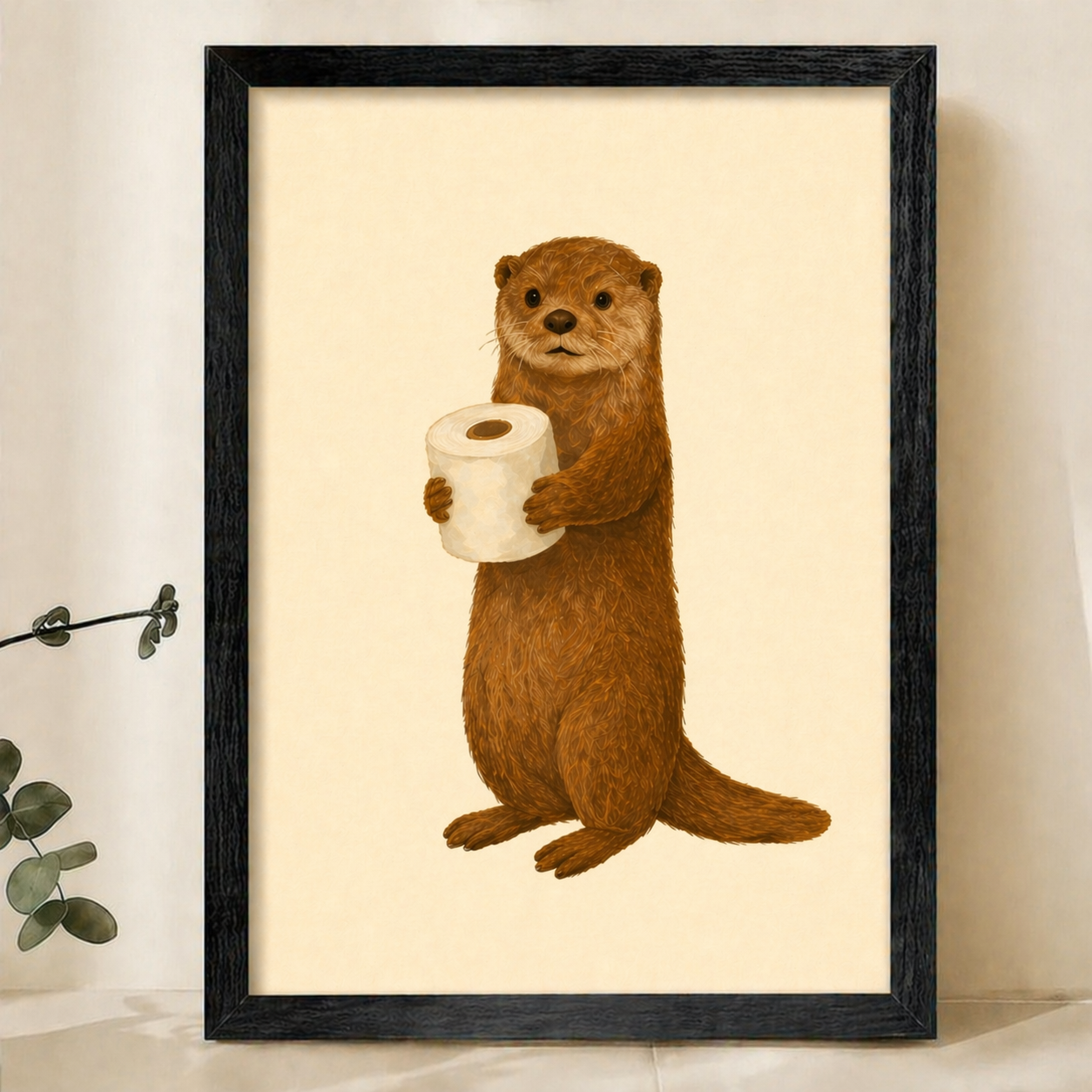 Otter with Toilet Paper Wall Art – Cute Bathroom Animal Canvas Print on Natural Wood Frame
