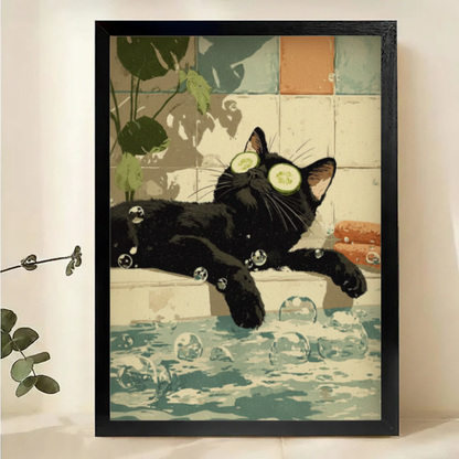 Black Cat Spa Bath Wall Art – Whimsical Cat Canvas Print on Natural Wood Frame