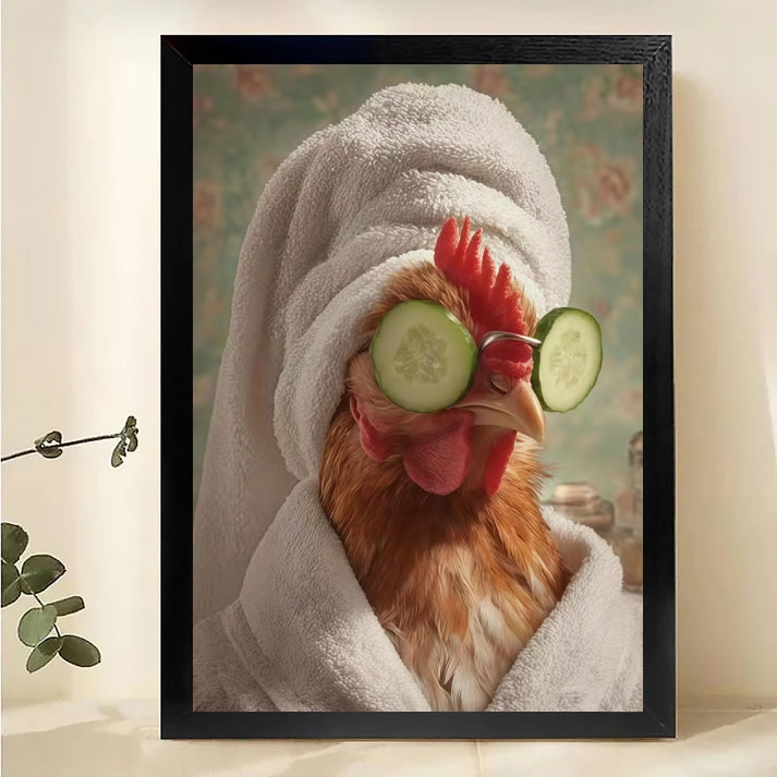 Chicken Spa Day Framed Art – Funny Rooster with Cucumber Eyes Print Canvas Wall Art