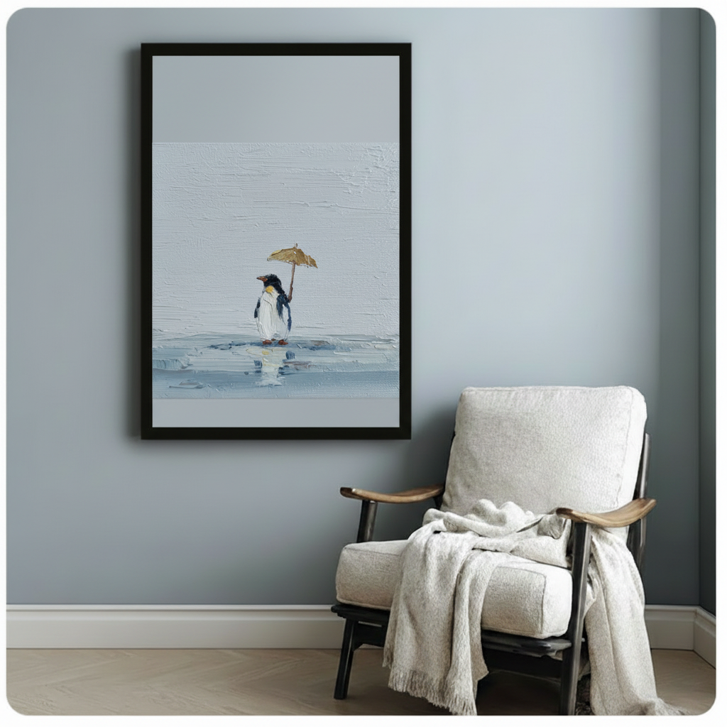 Lonely Penguin Umbrella Oil Painting Canvas Wall Art