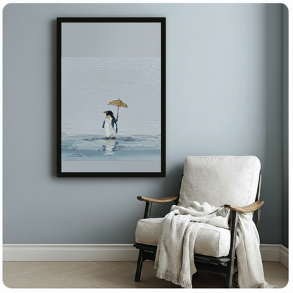 Lonely Penguin Umbrella Oil Painting Canvas Wall Art