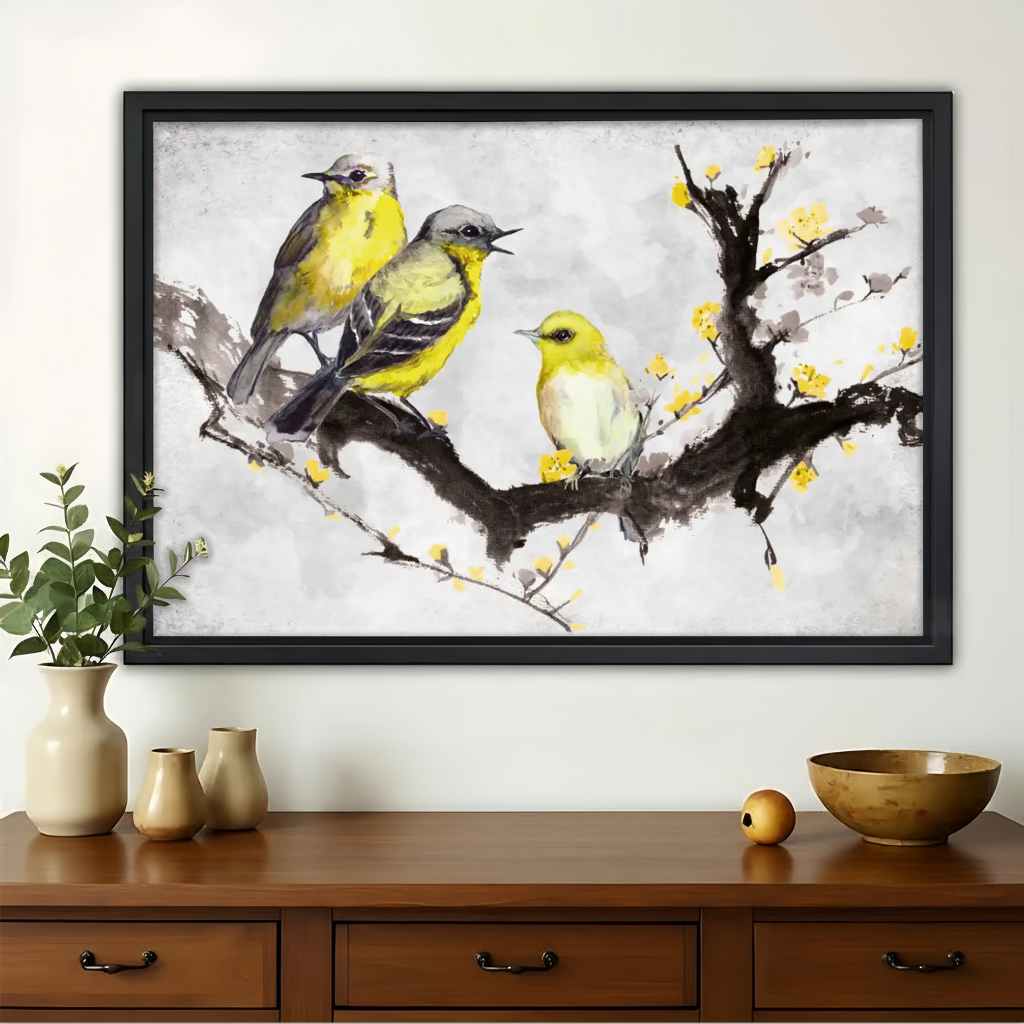 Three Yellow Birds on Blossoming Branch Wall Art - Asian Watercolor Canvas Print