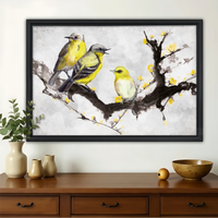 Three Yellow Birds on Blossoming Branch Wall Art - Asian Watercolor Canvas Print