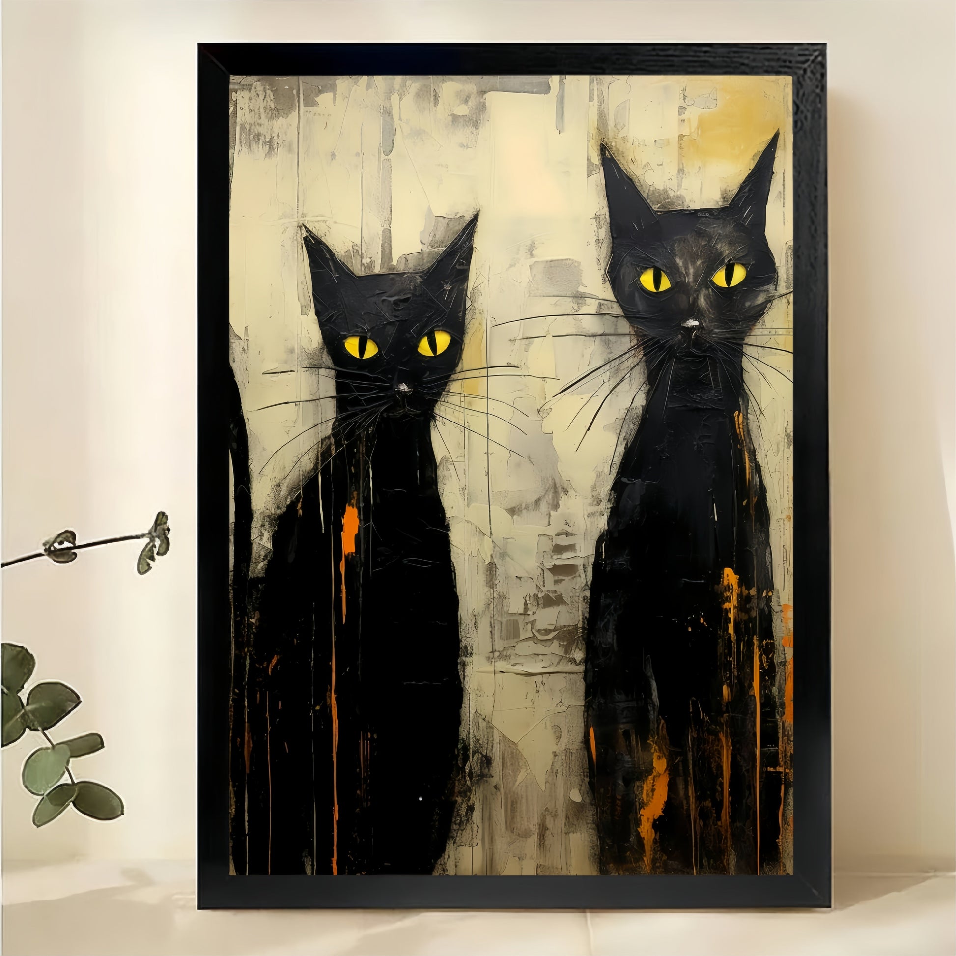 Two Black Cats Wall Art - Abstract Oil Painting Print