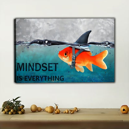 The Mindset Is Everything Fish – Inspirational Shark & Goldfish Wall Art on Natural Wood Grain Canvas
