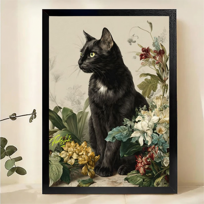 Black Cat Among Botanical Flowers Wall Art - Vintage Floral Canvas Print