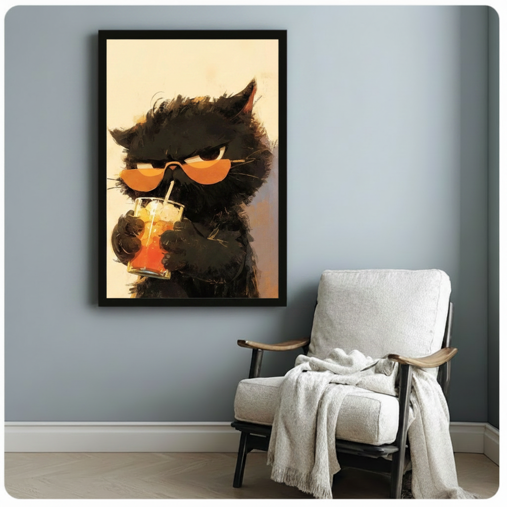 Cool Black Cat Iced Drink Impasto Canvas Wall Art