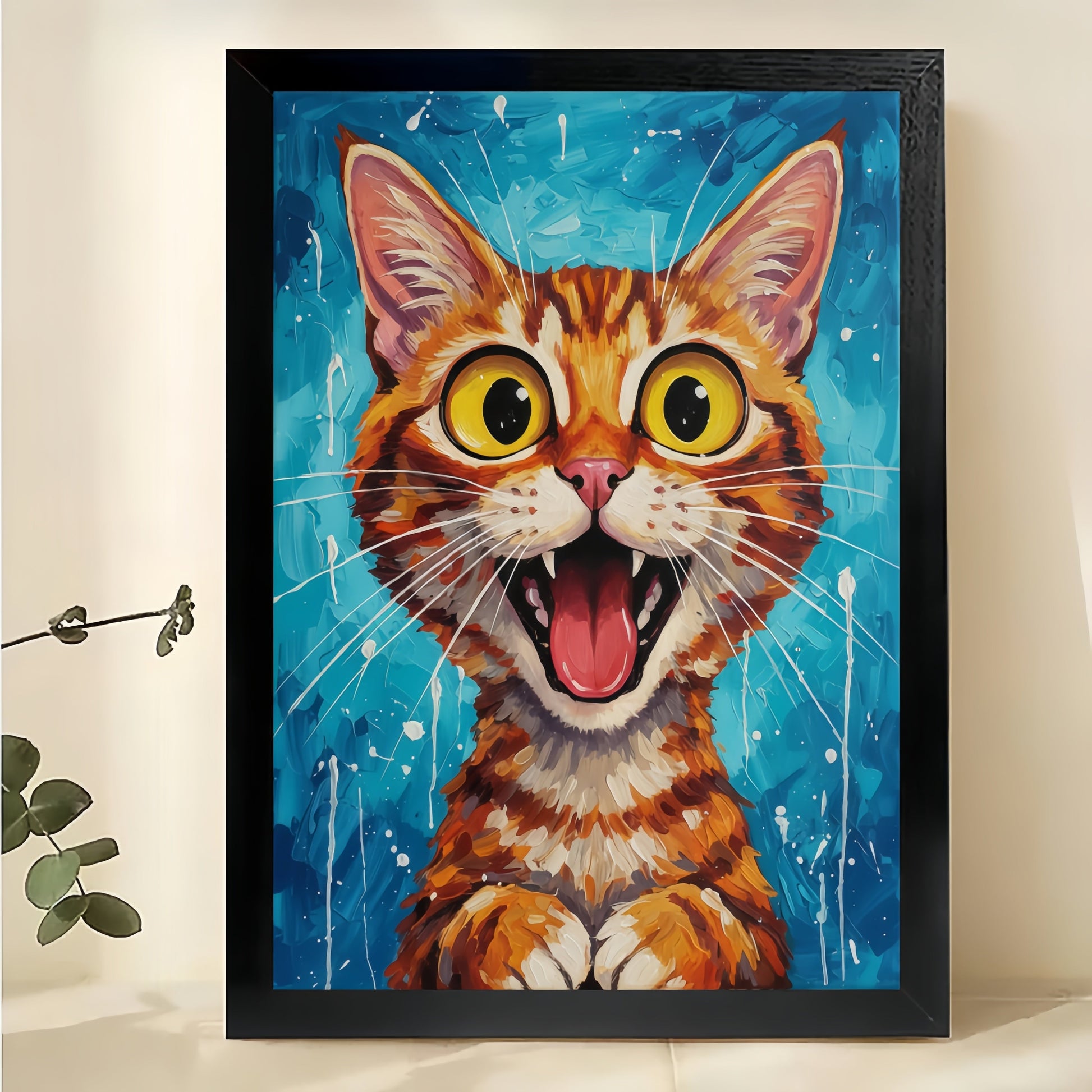 The Wide-Eyed Surprised Tabby – Vibrant Artistic Wall Art on Natural Wood Canvas