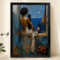 Woman with Black Cat on a Mediterranean Balcony Wall Art – Impasto Oil Painting Canvas Print on Natural Wood Frame