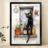 Black Cat by Vintage Door with Wine Bottles Wall Art - Rustic Canvas Print