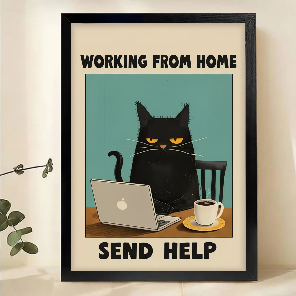 Working From Home Cat Poster - Funny Black Cat Office Wall Art Print