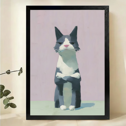 Grumpy Cat with Crossed Arms Wall Art – Minimalist Modern Cat Canvas Print on Natural Wood Frame
