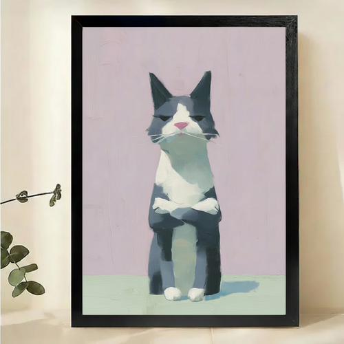 Grumpy Cat with Crossed Arms Wall Art – Minimalist Modern Cat Canvas Print on Natural Wood Frame