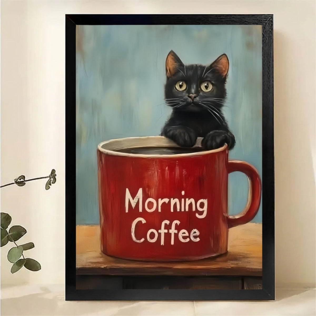 Black Cat in Coffee Mug Wall Art - Morning Coffee Canvas Print