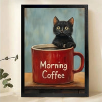 Black Cat in Coffee Mug Wall Art - Morning Coffee Canvas Print