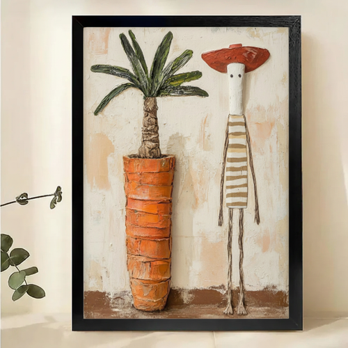 Striped Figure & Potted Palm Wall Art – Naive Art Outsider Canvas Print on Natural Wood Frame