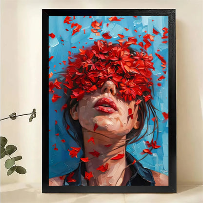 Woman with Red Flowers Wall Art - Contemporary Portrait Print