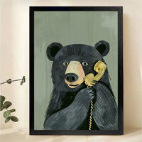Black Bear Talking on Vintage Phone Wall Art - Funny Animal Canvas Print