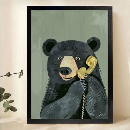 Black Bear Talking on Vintage Phone Wall Art - Funny Animal Canvas Print
