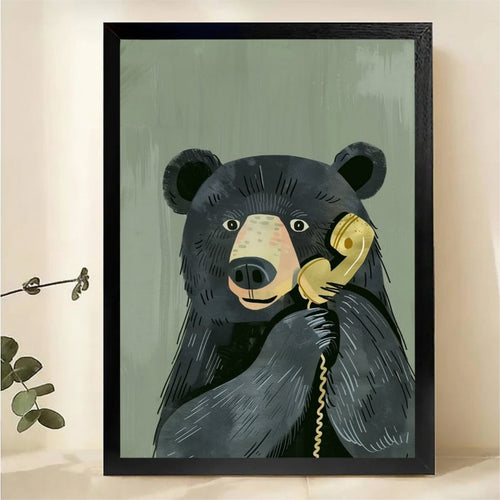 Black Bear Talking on Vintage Phone Wall Art - Funny Animal Canvas Print