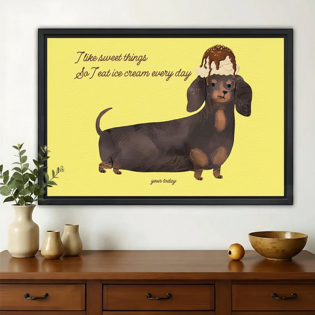 Ice Cream Dachshund Quote Wall Art – Funny Yellow Dog Canvas Print on Natural Wood Frame