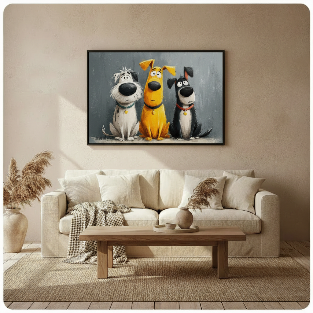 Three Funny Cartoon Dogs Portrait Canvas Wall Art