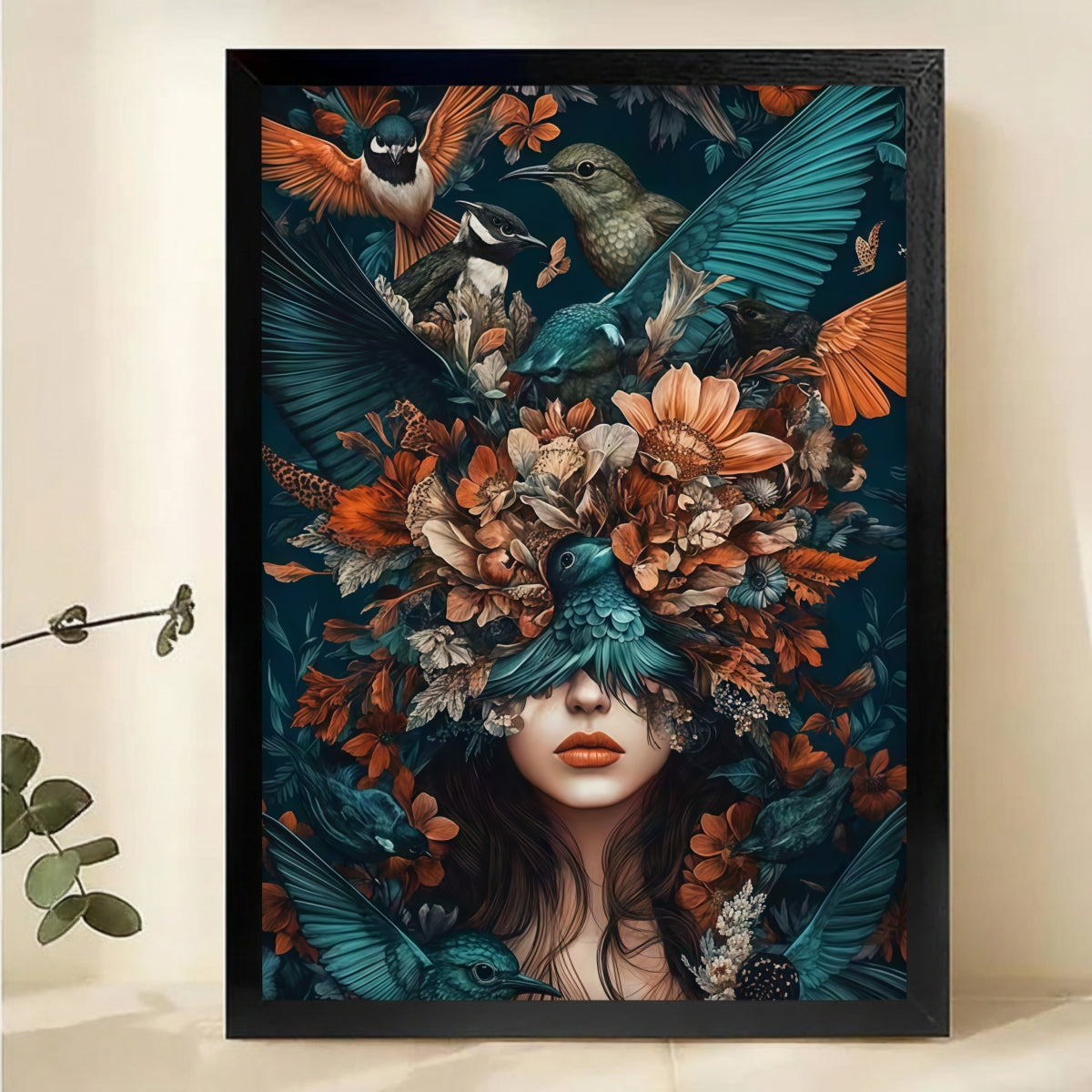 Surreal Woman with Birds and Flowers Wall Art Canvas