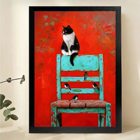 Tuxedo Cat on a Turquoise Chair Wall Art – Dramatic Oil Painting Canvas Print on Natural Wood Frame