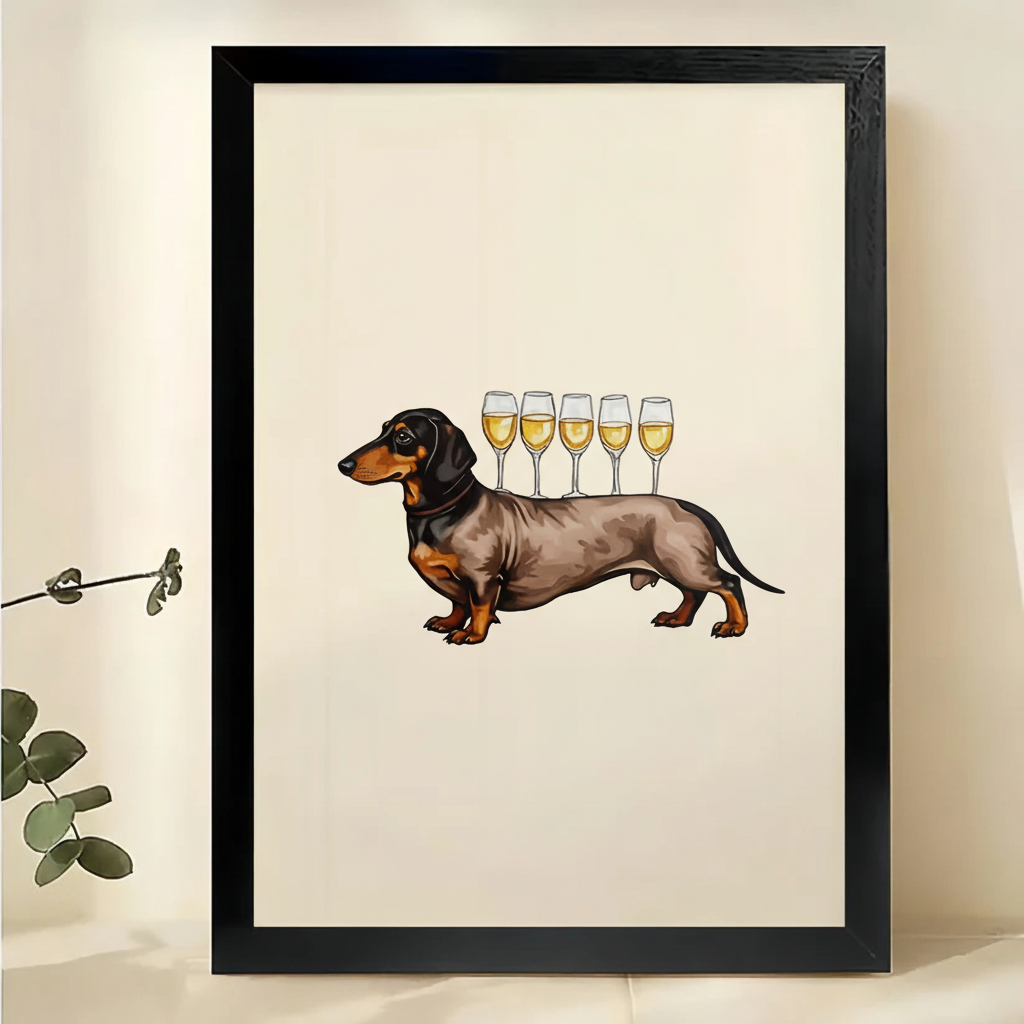 The Wine-Glass-Toting Dachshund – Playful Luxe Wall Art on Natural Wood Canvas