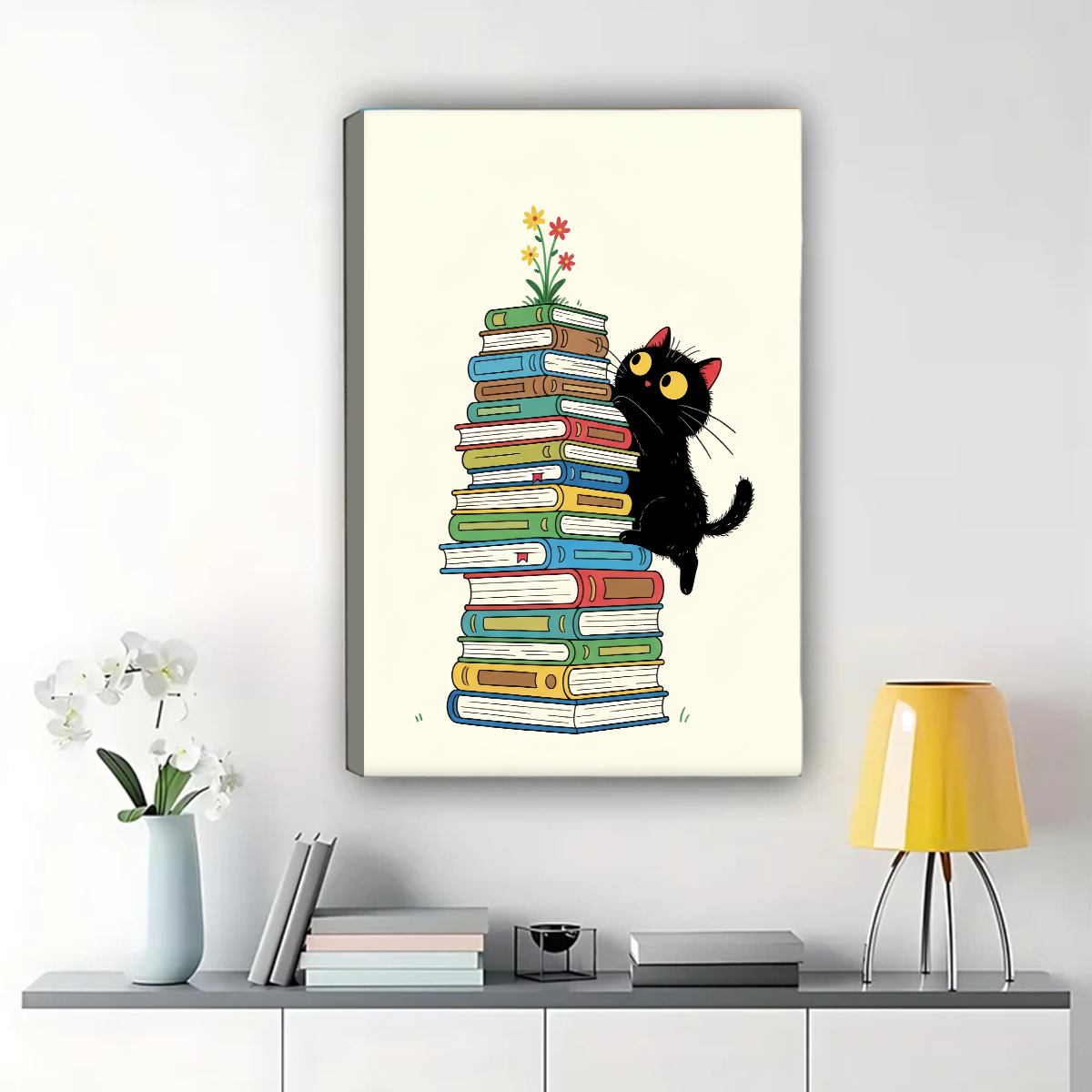 Black Cat with Books Wall Art Print - Cute Reading Cat Poster
