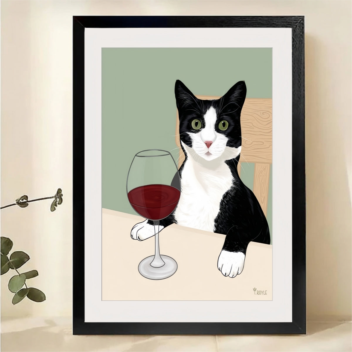 Tuxedo Cat with Red Wine Glass Wall Art - Minimalist Illustrated Canvas Print