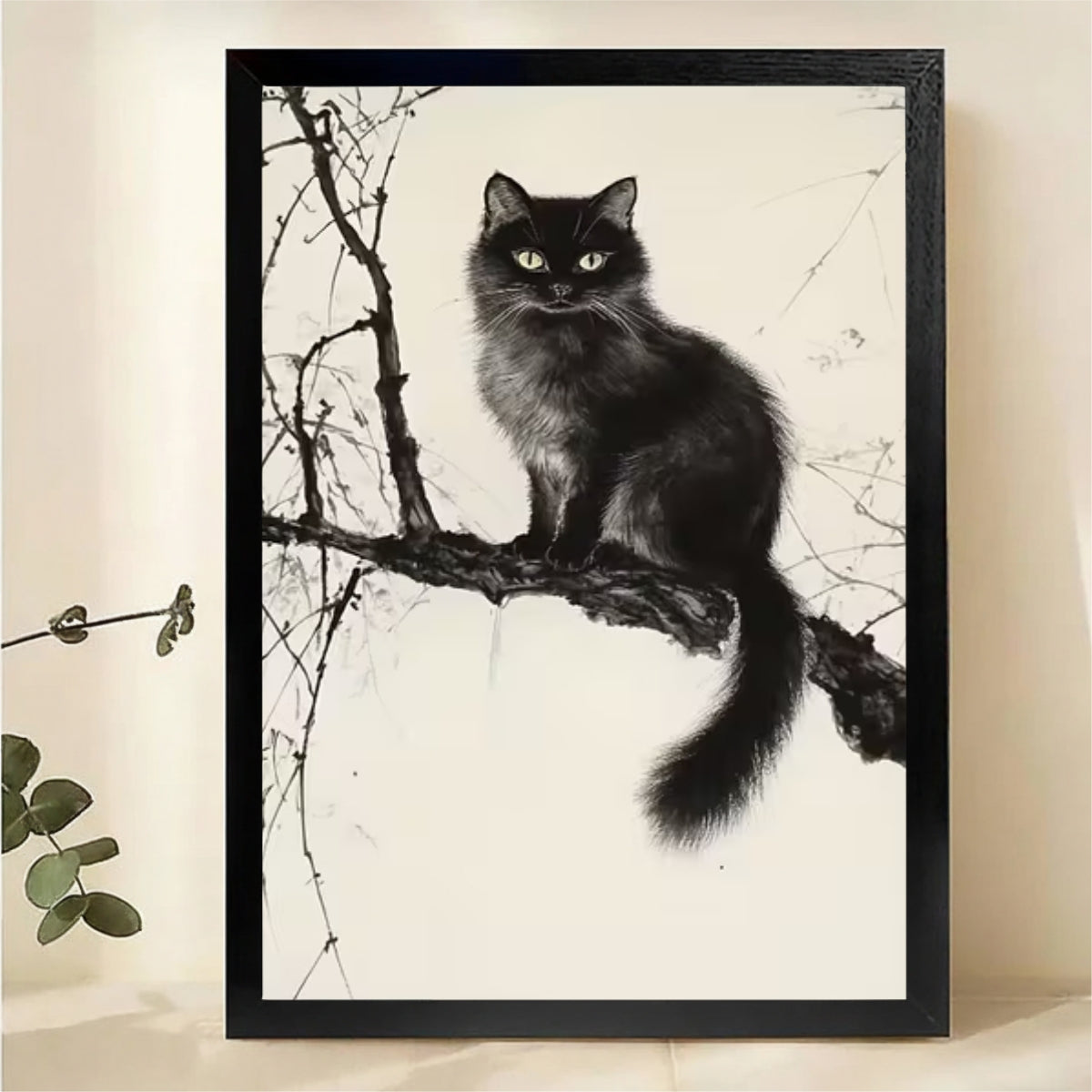 Fluffy Black Cat on Bare Branch Wall Art - Dark Moody Ink Drawing Canvas Print