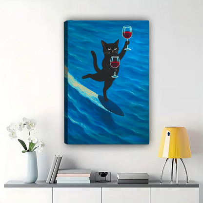 Surfing Cat Wine Canvas Print - Funny Beach Vibes Wall Art