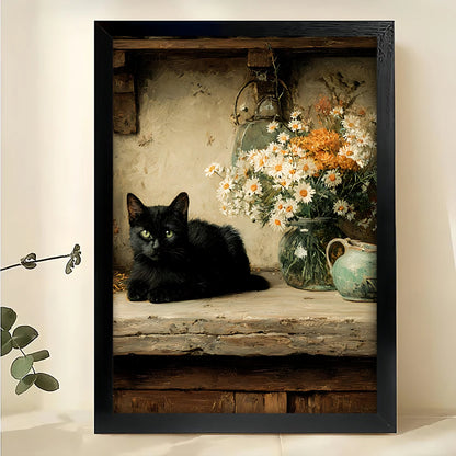 Vintage Black Cat on Wooden Table – Timeless Still Life Wall Art on Natural Wood Canvas